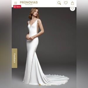 Pronovias White Plunge Neck Sheath Wedding Gown